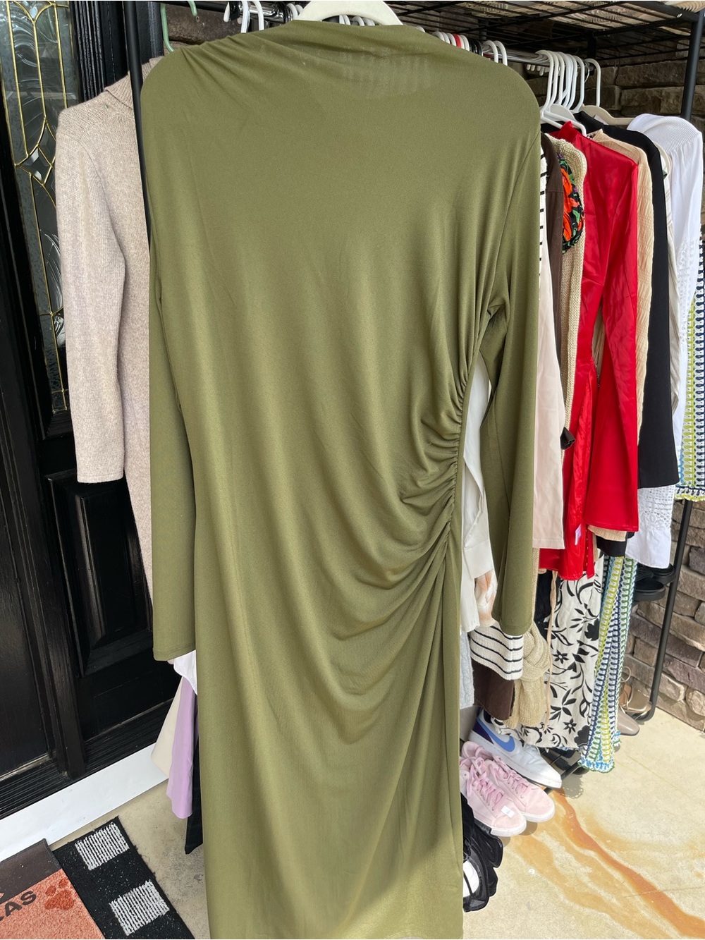 H&M Olive Green Long Sleeve Ruched Midi Dress